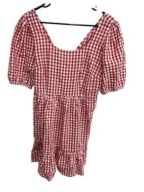 Loft NWT Red White Gingham Puff Sleeve Dress Back Bow Tie Sz 8 Coastal Cowgirl